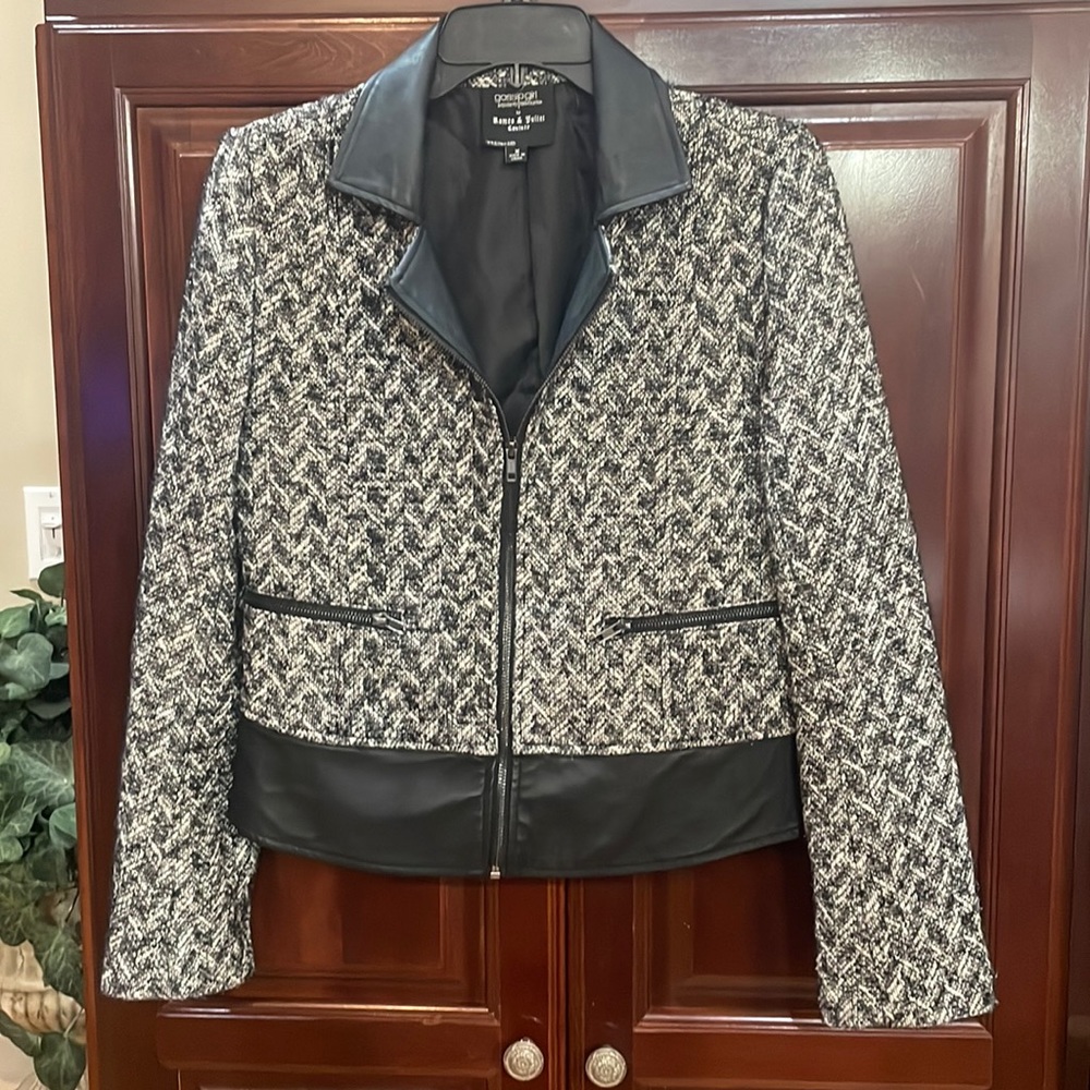 Ladies tweed and vegan leather zip front jacket